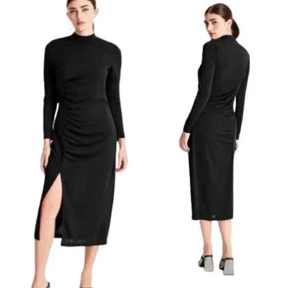NEW Future Collective Mock Neck Ruched Side Slit Black Dress Small